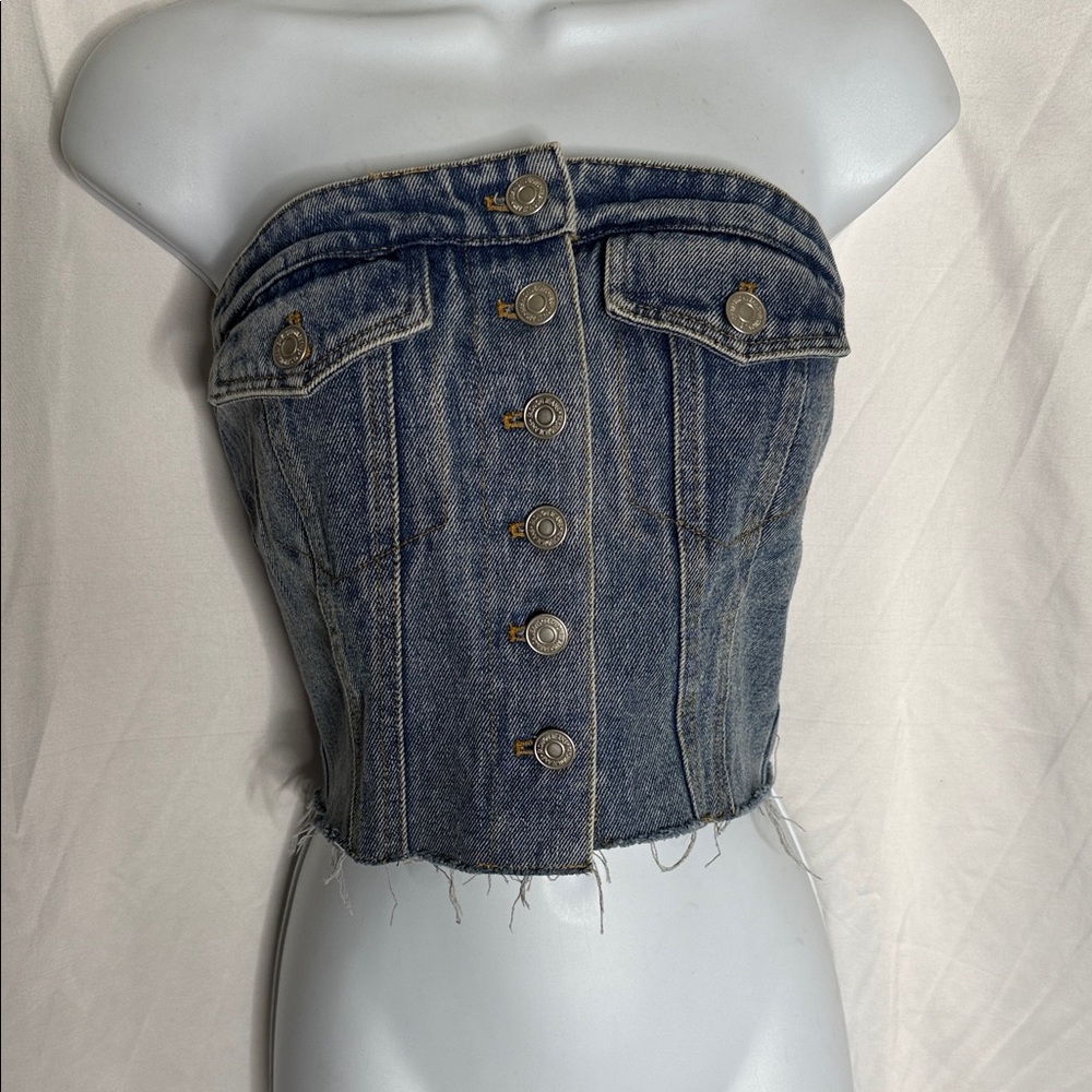 Denim Strapless Button-Up Top